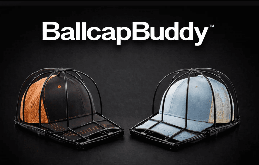 Two baseball caps in BallcapBuddy protective washing frames with BallcapBuddy branding