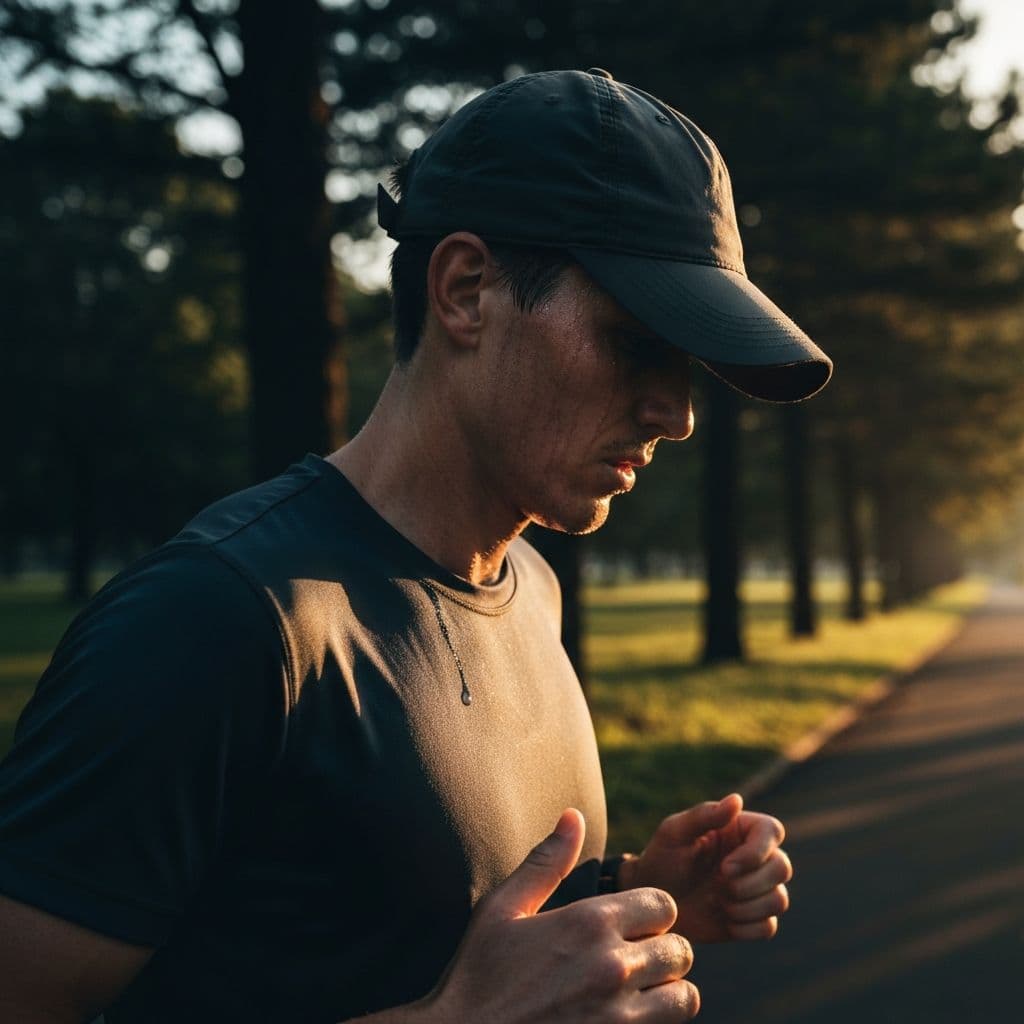 Person jogging with sweaty cap
